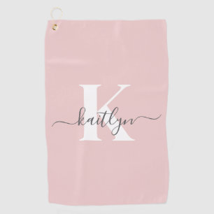 Elegant Blush Pink Grey Script Monogram Golf Towel