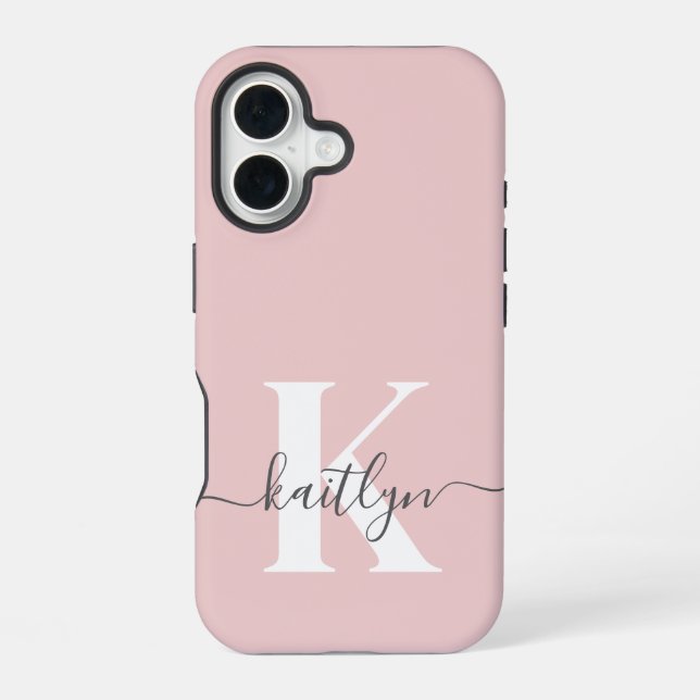 Elegant Blush Pink Grey Script Monogram iPhone 16 Case (Back)