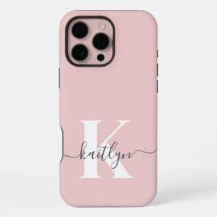 Elegant Blush Pink Grey Script Monogram iPhone 16 Pro Max Case