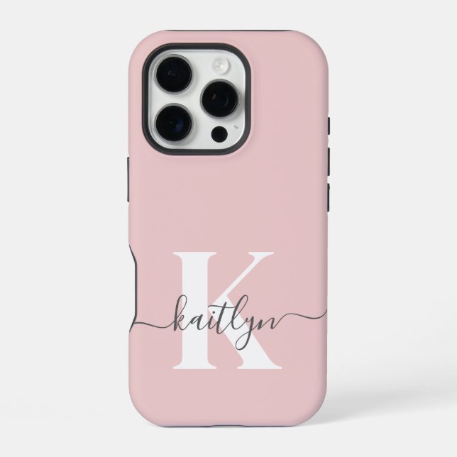 Elegant Blush Pink Grey Script Monogram iPhone Case (Back)