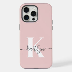 Elegant Blush Pink Grey Script Monogram iPhone 15 Pro Max Case