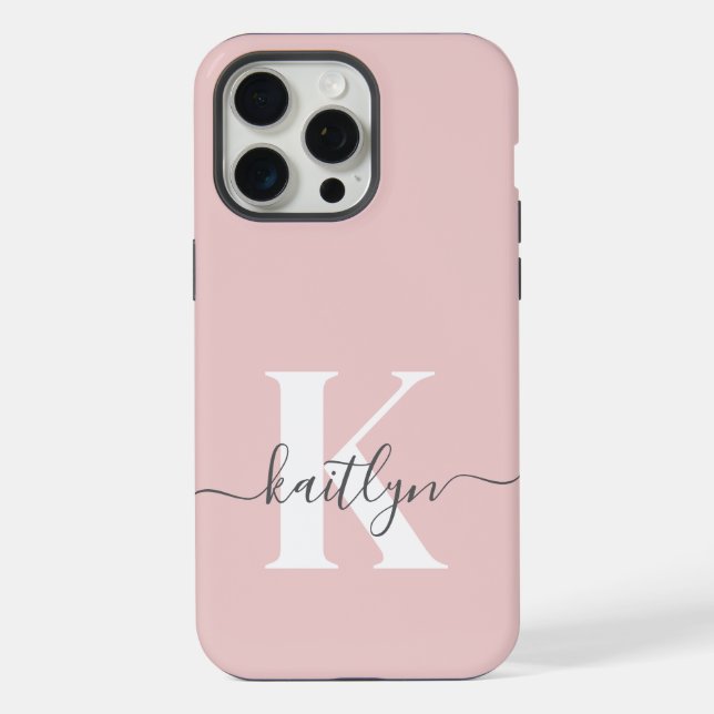 Elegant Blush Pink Grey Script Monogram iPhone Case (Back)