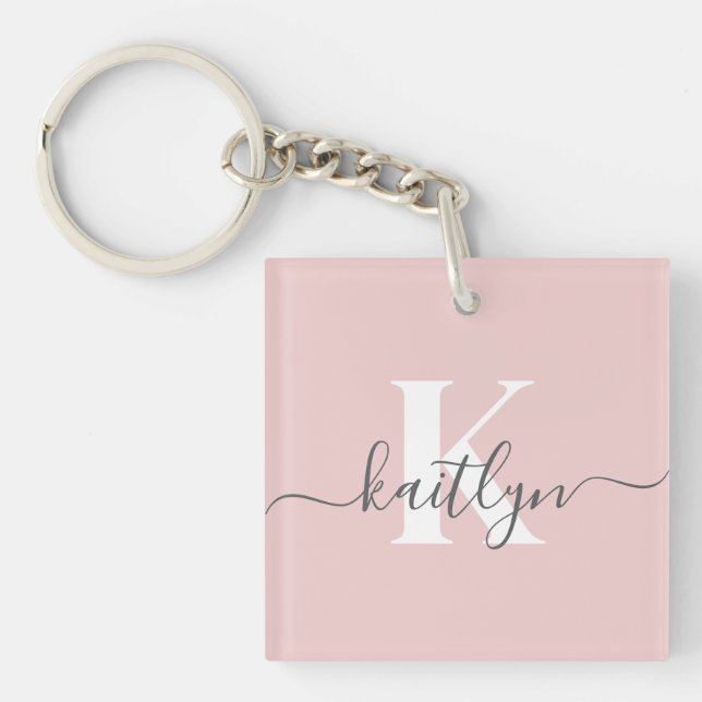 Elegant Blush Pink Grey Script Monogram Key Ring (Front)
