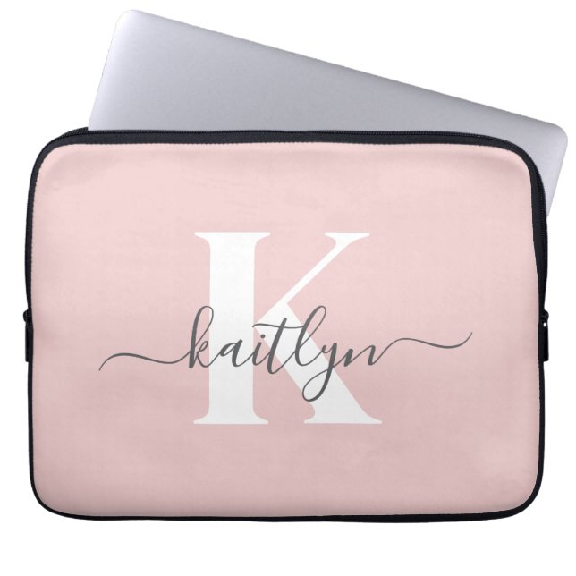 Elegant Blush Pink Grey Script Monogram Laptop Sleeve (Front)