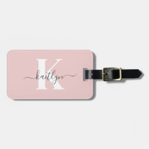 Elegant Blush Pink Grey Script Monogram Luggage Tag