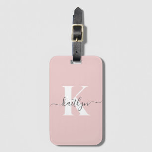 Elegant Blush Pink Grey Script Monogram Luggage Tag