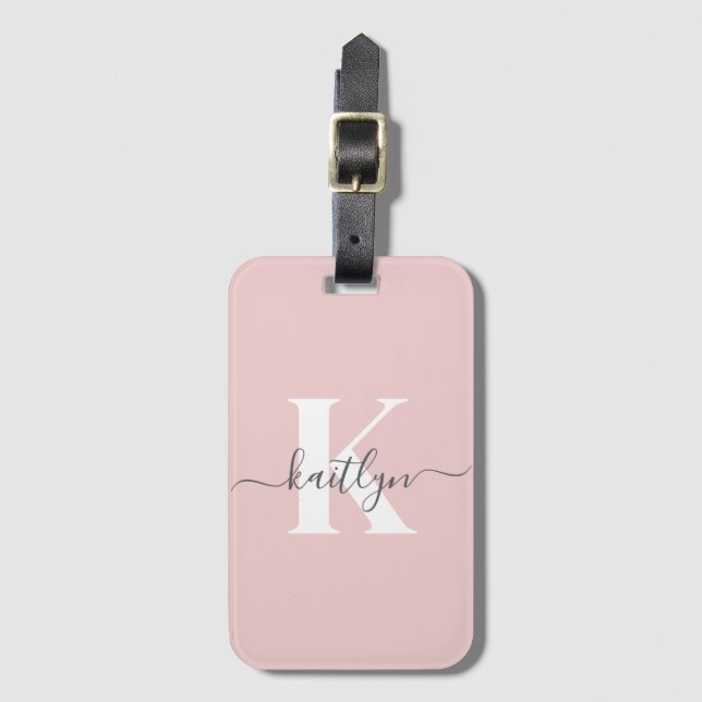 Elegant Blush Pink Grey Script Monogram Luggage Tag (Front Vertical)