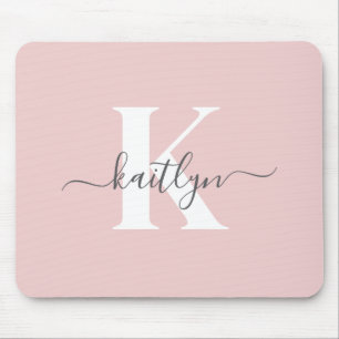 Elegant Blush Pink Grey Script Monogram Mouse Mat