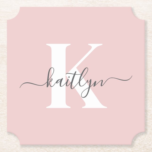 Elegant Blush Pink Grey Script Monogram Paper Coaster (Front)
