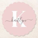 Elegant Blush Pink Grey Script Monogram Paper Coaster<br><div class="desc">These simple, elegant blush pink round fluted edge paper coasters with your first name in a trendy script font in grey and your first initial in a modern cap font in white are perfect for keeping your tables and counters free from water rings. They absorb droplets so you don't have...</div>