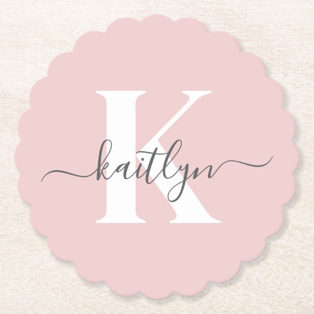Elegant Blush Pink Grey Script Monogram Paper Coaster (Front)
