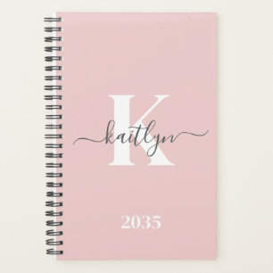 Elegant Blush Pink Grey Script Monogram Planner