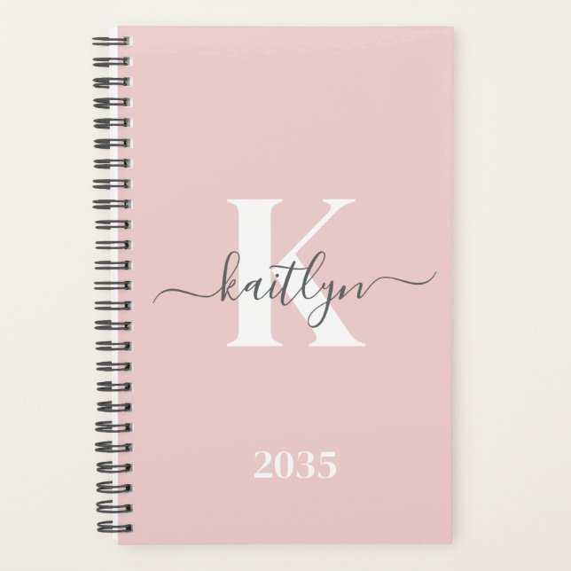 Elegant Blush Pink Grey Script Monogram Planner (Front)