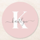 Elegant Blush Pink Grey Script Monogram Round Paper Coaster<br><div class="desc">These simple, elegant blush pink round paper coasters with your first name in a trendy script font in grey and your first initial in a modern cap font in white are perfect for keeping your tables and counters free from water rings. They absorb droplets so you don't have to worry...</div>