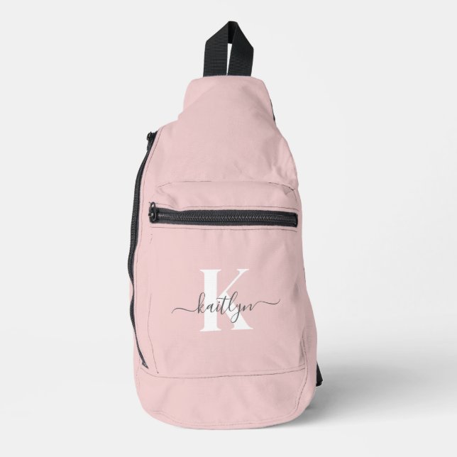 Elegant Blush Pink Grey Script Monogram Sling Bag (Front)