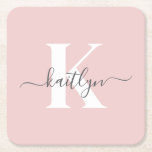 Elegant Blush Pink Grey Script Monogram Square Paper Coaster<br><div class="desc">These simple, elegant blush pink square paper coasters with your first name in a trendy script font in grey and your first initial in a modern cap font in white are perfect for keeping your tables and counters free from water rings. They absorb droplets so you don't have to worry...</div>