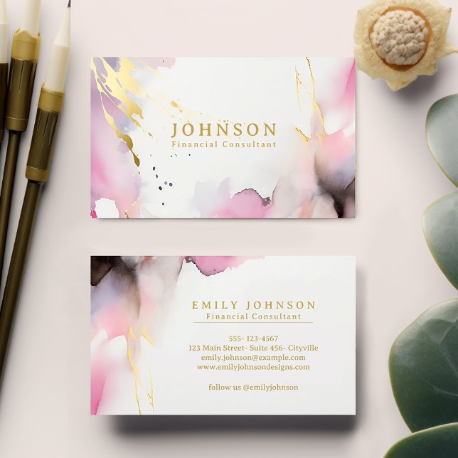 Elegant Blush Pink & Grey Watercolor Stylish Gold  Business Card (Creator Uploaded)