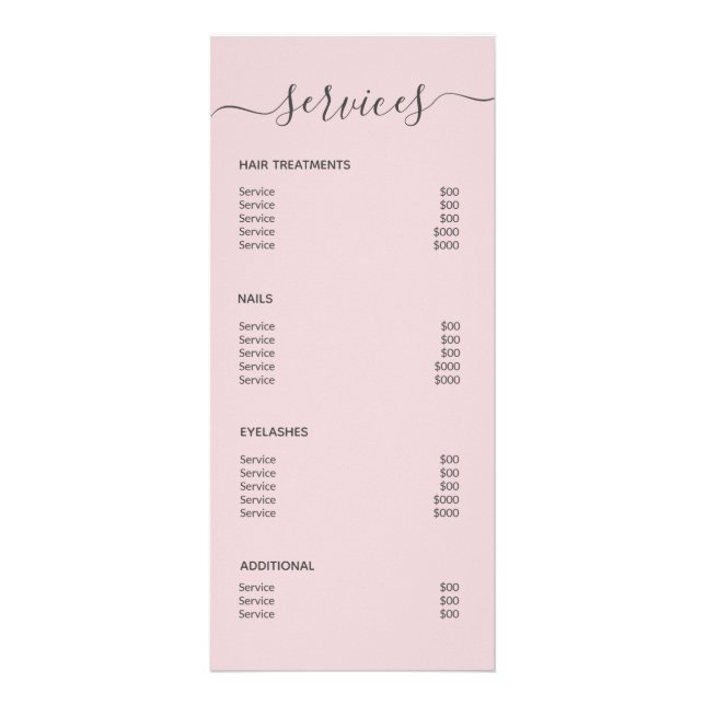 Elegant Blush Pink Hair Salon Makeup Service Menu (Back)