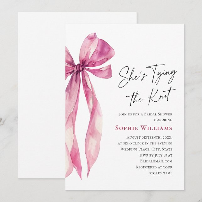 Elegant Blush Pink Hand Drawn Bow Bridal Shower Invitation (Front/Back)