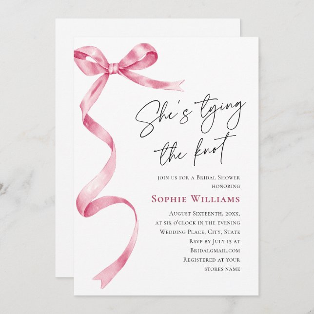 Elegant Blush Pink Hand Drawn Bow Bridal Shower Invitation (Front/Back)