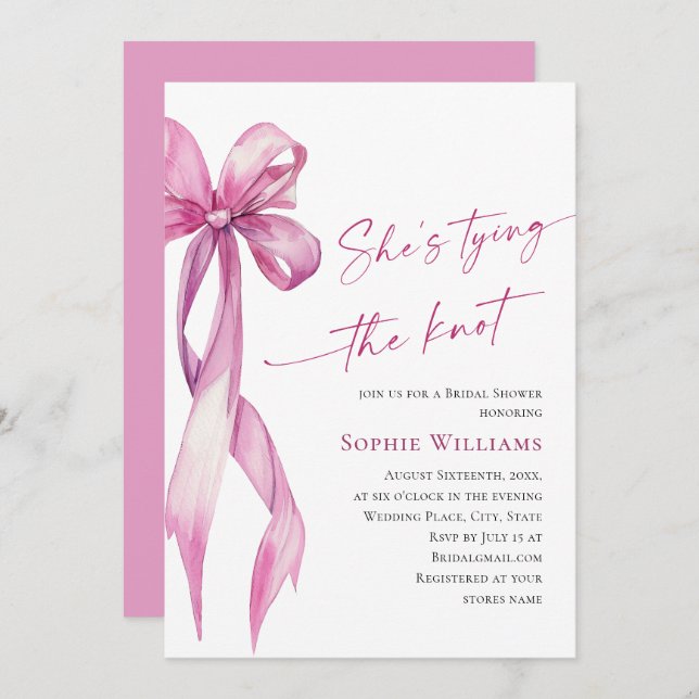 Elegant Blush Pink Hand Drawn Bow Bridal Shower Invitation (Front/Back)