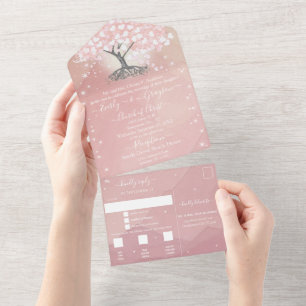 Elegant Blush Pink Heart Leaf Tree Wedding  All In All In One Invitation