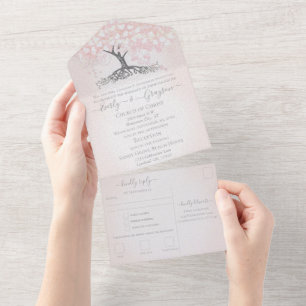 Elegant Blush Pink Heart Leaf Tree Wedding All In One Invitation