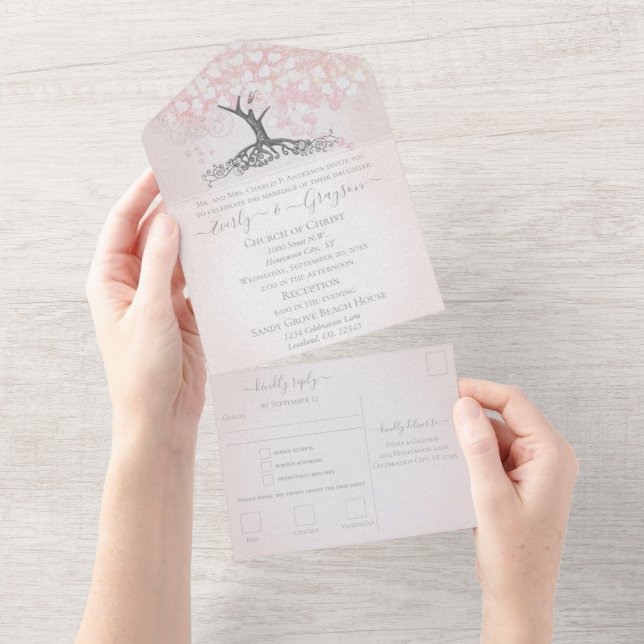 Elegant Blush Pink Heart Leaf Tree Wedding All In One Invitation (Tearaway)