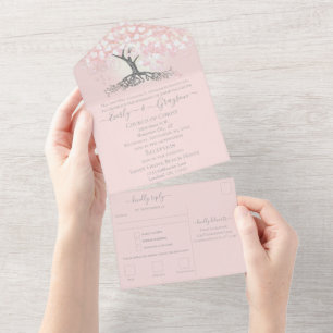 Elegant Blush Pink Heart Leaf Tree Wedding All In One Invitation
