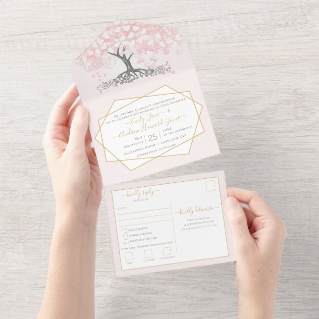 Elegant Blush Pink Heart Leaf Tree Wedding All In One Invitation (Tearaway)