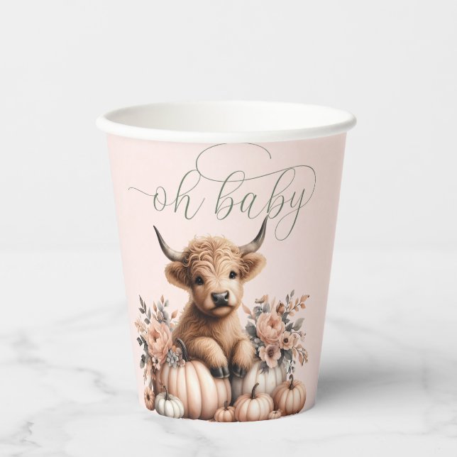 Elegant blush pink HIghland cow babyshower Paper Cups (Front)