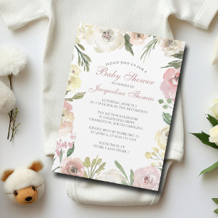 Elegant Blush Pink Ivory Floral Baby Girl Shower Magnetic Invitation