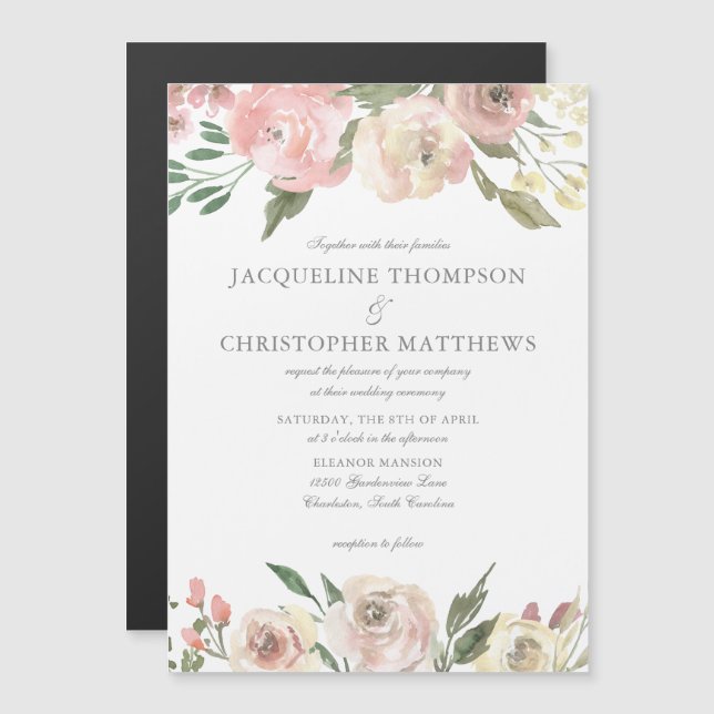 Elegant Blush Pink Ivory Floral Garden Wedding Magnetic Invitation (Front/Back)