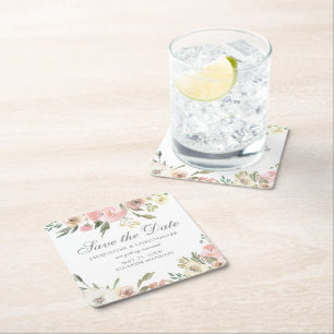 Elegant Blush Pink Ivory Floral Save the Date Square Paper Coaster
