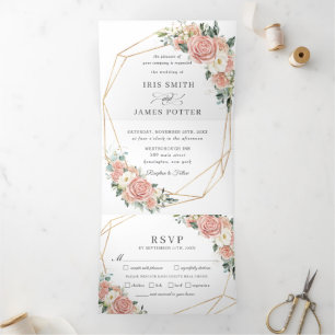 Elegant Blush Pink Ivory Floral Wedding RSVP  Tri-Fold Invitation