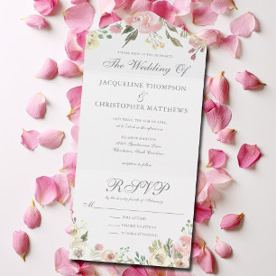 Elegant Blush Pink Ivory Peony Floral Wedding All In One Invitation