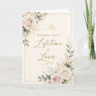 Elegant Blush Pink & Ivory Roses Gold Wedding Flor Card
