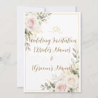 Elegant Blush Pink & Ivory Roses Gold Wedding Flor Invitation
