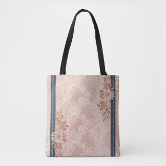 Elegant Blush Pink Lace Rose Gold Floral Navy  Tote Bag