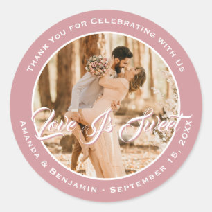 Elegant Blush Pink Love Is Sweet Wedding Photo Classic Round Sticker