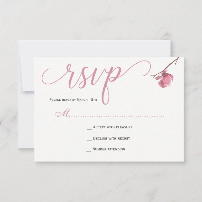 Elegant blush pink magnolia reply wedding RSVP card (Front)