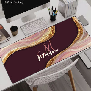 Elegant blush pink marble art faux gold glitter desk mat