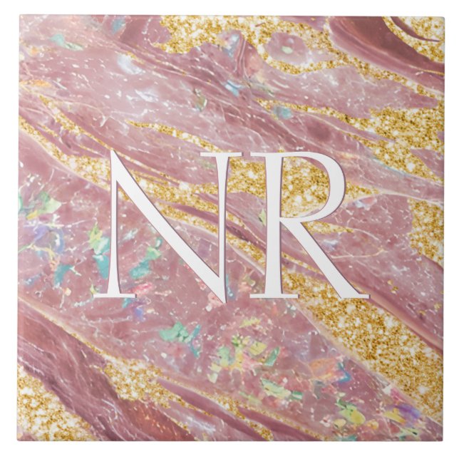  Elegant Blush Pink Marble & Glitter Cute Monogram Tile (Front)