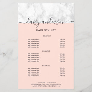 Elegant blush pink marble hair stylist price list flyer