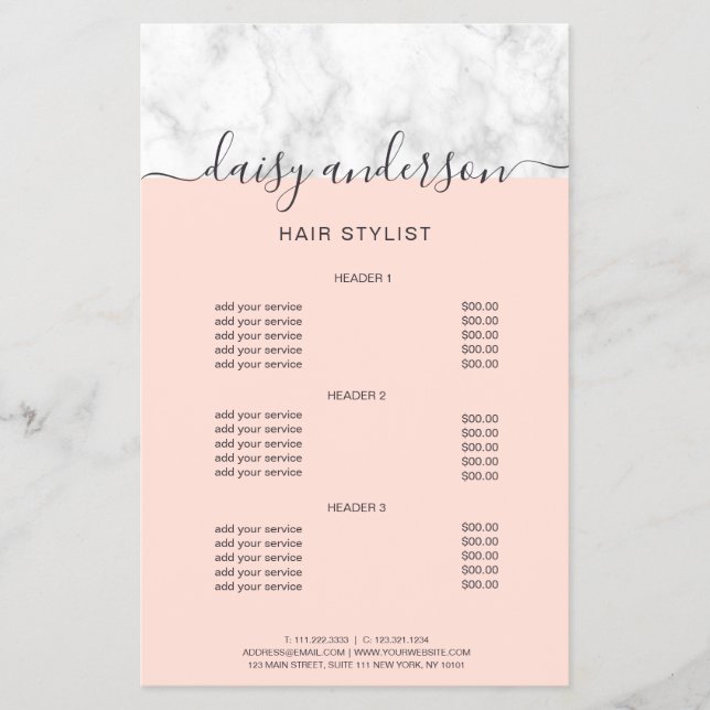 Elegant blush pink marble hair stylist price list flyer (Front)