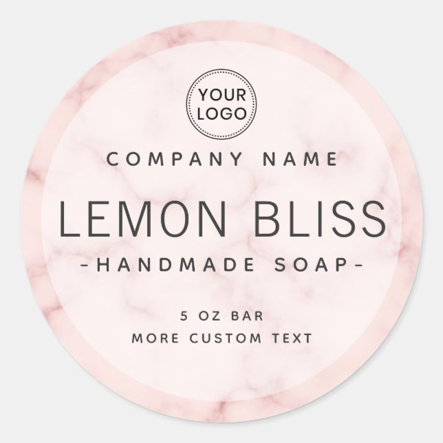 Elegant blush pink marble round product label (Front)