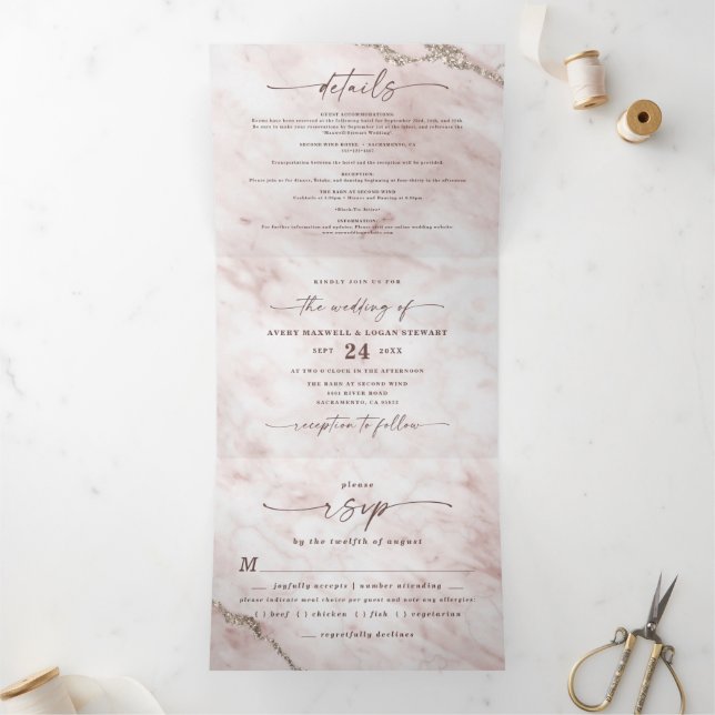 Elegant Blush Pink Metallic Marble Wedding Tri-Fold Invitation (Inside)