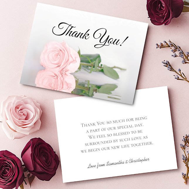 Elegant Blush Pink Mirrored Rose Simple Wedding Thank You Card (Front/Back)