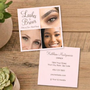 Elegant Blush Pink Mocha Script 3 Photo Lashes Square Business Card