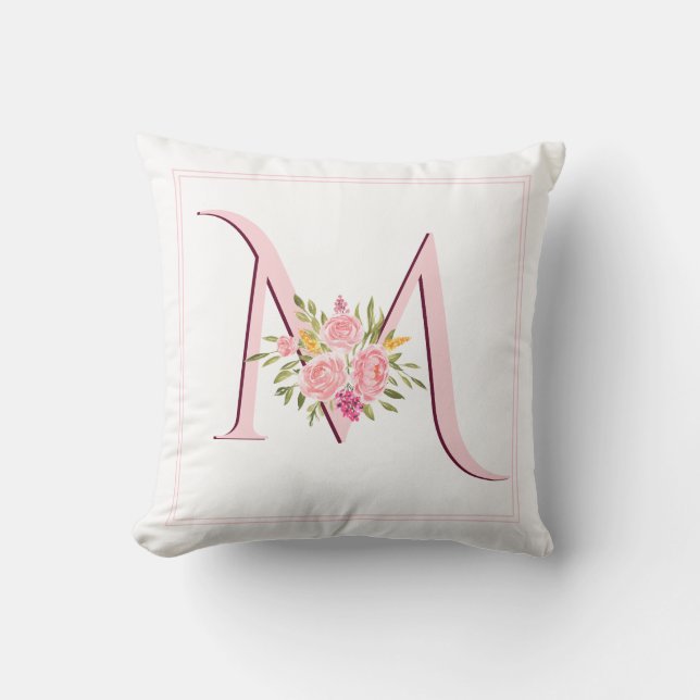 Elegant blush pink monogram and roses floral cushion (Front)